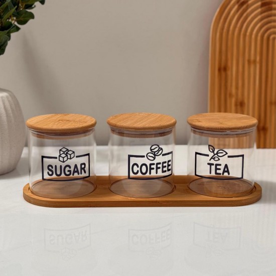 Glass Jars Set of 3 With Wooden Base