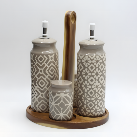 Porcelain Salt Shakers & Oil Dispensers Set 4 Pcs With Stand