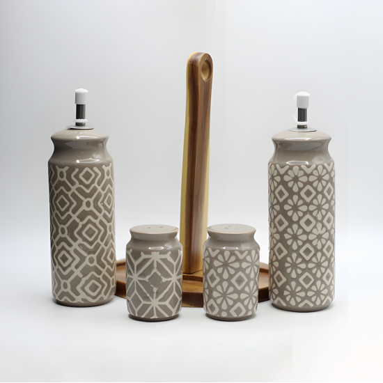 Porcelain Salt Shakers & Oil Dispensers Set 4 Pcs With Stand