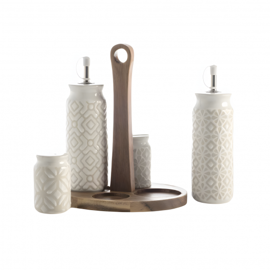 Porcelain Salt Shakers & Oil Dispensers Set 4 Pcs With Stand