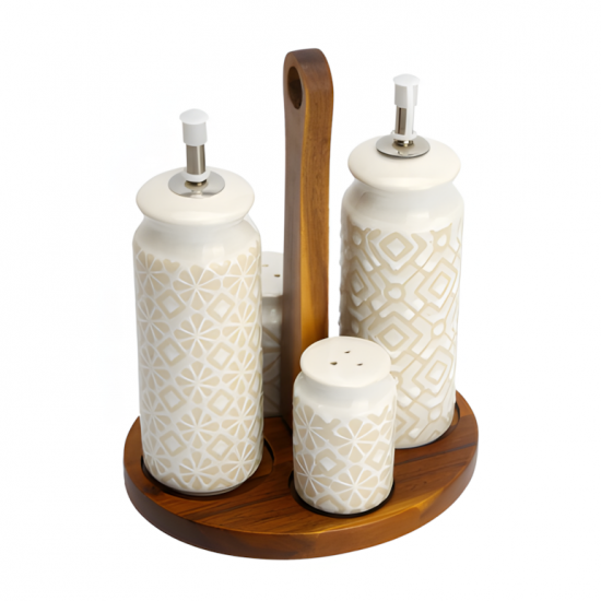 Porcelain Salt Shakers & Oil Dispensers Set 4 Pcs With Stand