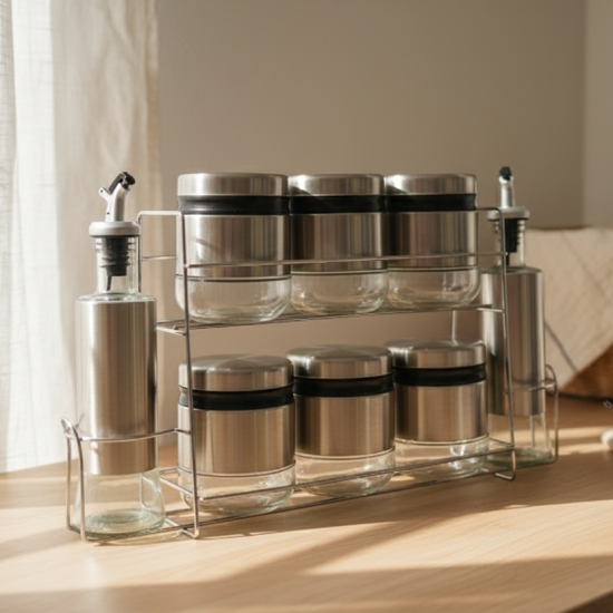 Glass and Stainless Steel Spice Jar Set - 8 Pcs