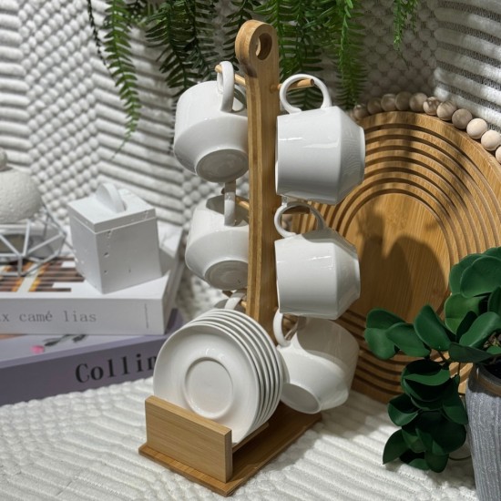 Porcelain Tea Cup Set 6 pieces & Wooden Stand