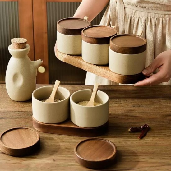 Porcelain Jar Set 2 Pieces & Wooden Stand