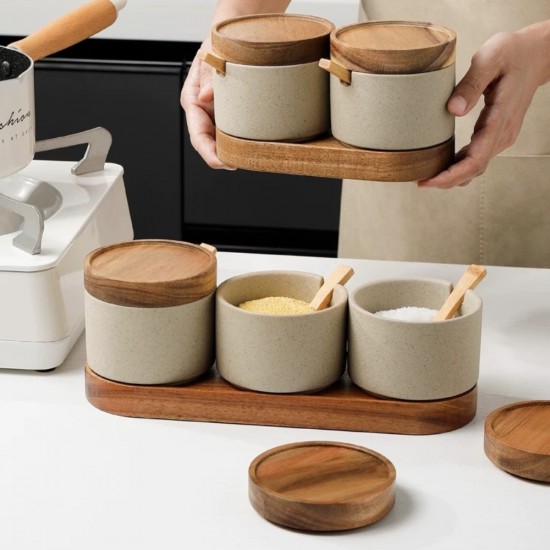 Porcelain Jar Set 2 Pieces & Wooden Stand