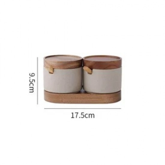 Porcelain Jar Set 2 Pieces & Wooden Stand