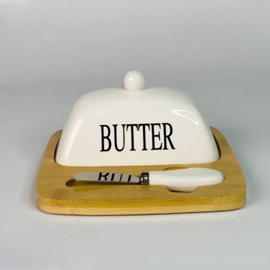Wooden & Porcelain Butter Container 