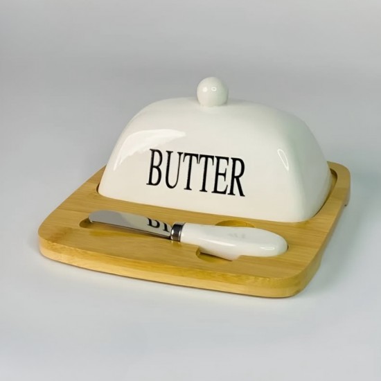 Wooden & Porcelain Butter Container 