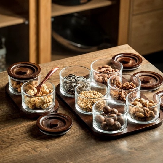 Wooden & Glass Serving 3 pieces with Wooden Stand