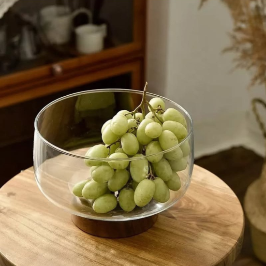 Glass Bowl with Wooden Stand