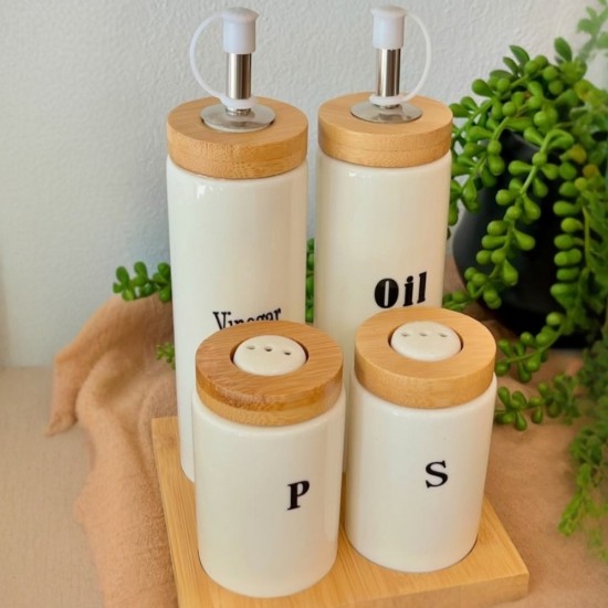 Wooden & Porcelain Oil Dispenser 5 pieces