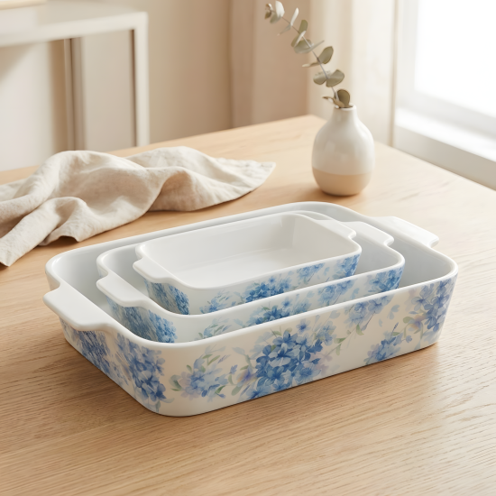 Floral Porcelain Casserole Set 3 Pcs