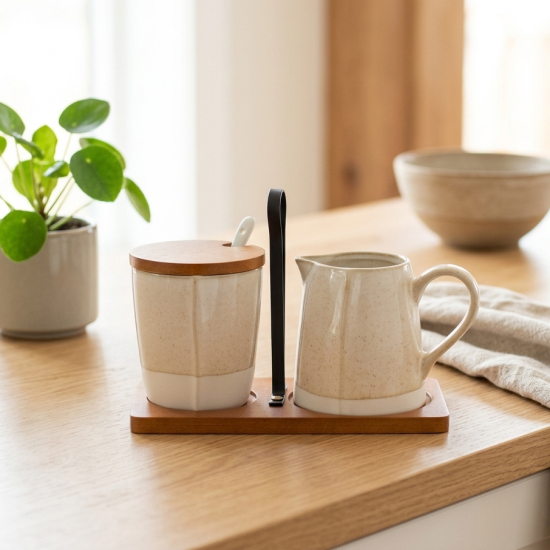 Sugar Bowl & Creamer Set With Wooden Stand