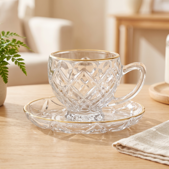 Glass Cups And Saucer Set 6 Pcs