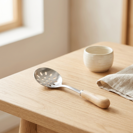 Steel spoon with a wooden handle