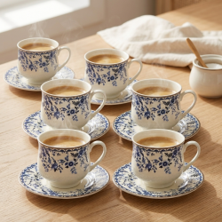 Porcelain Coffee Cup and Saucer Set - 6 Pcs
