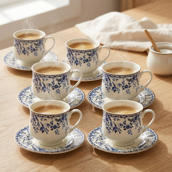 Porcelain Coffee Cup and Saucer Set - 6 Pcs
