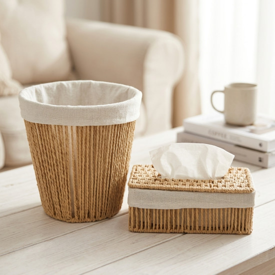 Straw Trash Can & Tissue Box