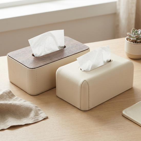 Double Sided Leather and Wood Tissue Box