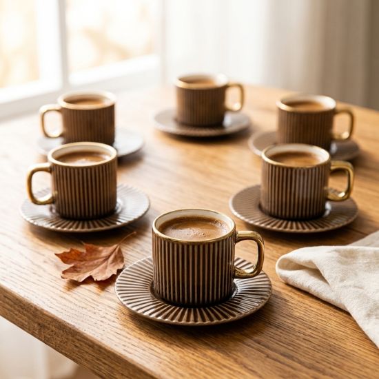 Porcelain Coffee Cup and Saucer Set - 6 Pcs