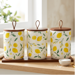 Lemon Pattern Porcelain Jar Set - 3 Pcs