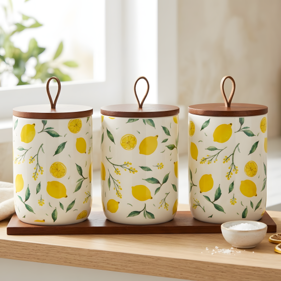 Lemon Pattern Porcelain Jar Set - 3 Pcs