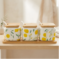 Lemon Pattern Porcelain Jar Set - 3 Pcs