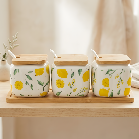 Lemon Pattern Porcelain Jar Set - 3 Pcs