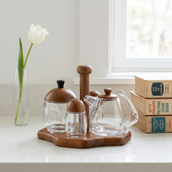 Wooden Oil Dispenser And Sugar Bowl 4 Pieces 
