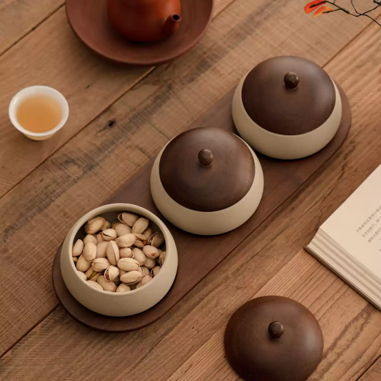 Porcelain Bowl Set 3 Pieces With Wooden Base