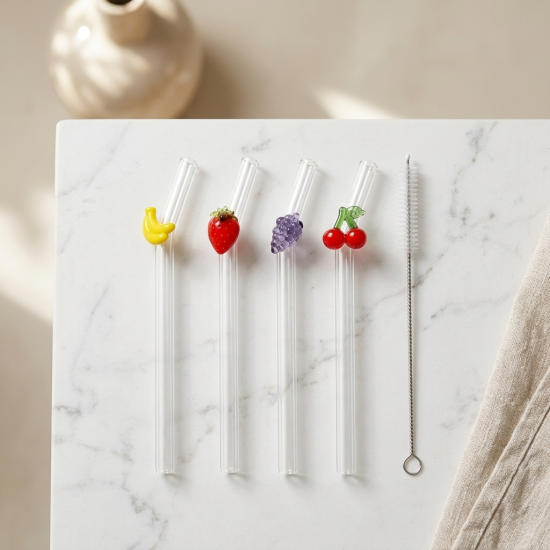 Glass Straws And Cleaning Brush- 5 Pcs