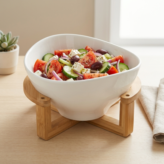 Porcelain Bowl with Wooden Stand