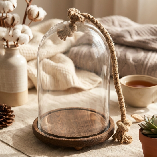 Glass Dome with Wood Base and Rope Handle