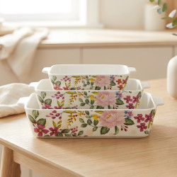 Floral Porcelain Casserole Set 3 Pcs