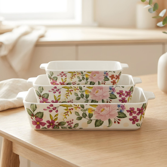 Floral Porcelain Casserole Set 3 Pcs