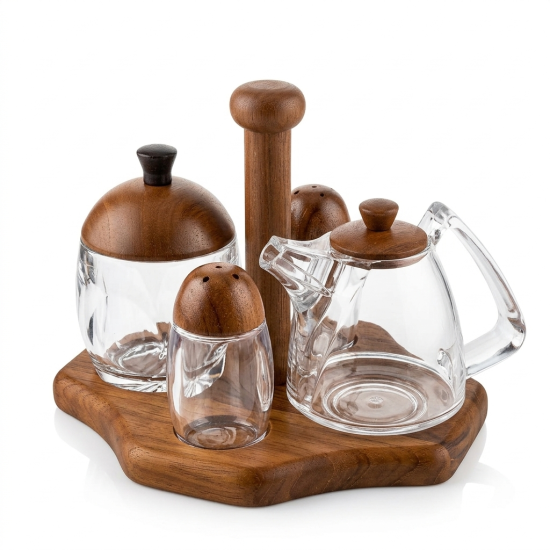 Wooden Oil Dispenser And Sugar Bowl 4 Pieces 