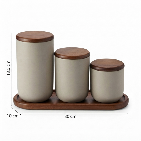 Porcelain Spice Set With Wooden Base 3 Pieces