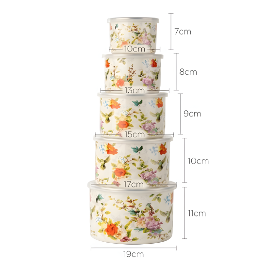 Floral Pattern Metal Tupperware Set - 5 Pcs