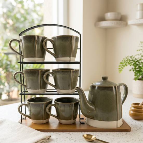 Mug Set 6 Pcs With Wooden Stand & Teapot