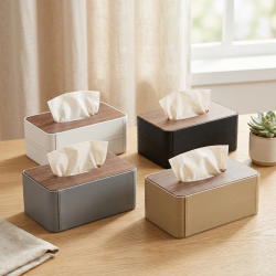 Double Sided Leather and Wood Tissue Box