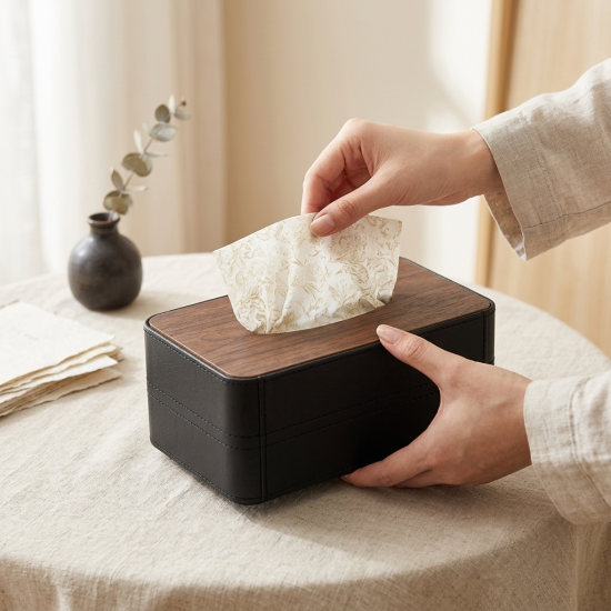 Double Sided Leather and Wood Tissue Box