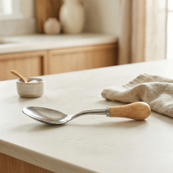 Steel spoon with a wooden handle
