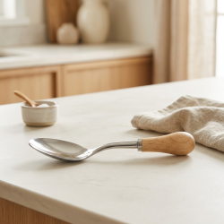 Steel spoon with a wooden handle