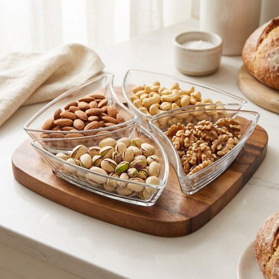 Glass Serving Bowls 4 Pcs with Wooden Stand
