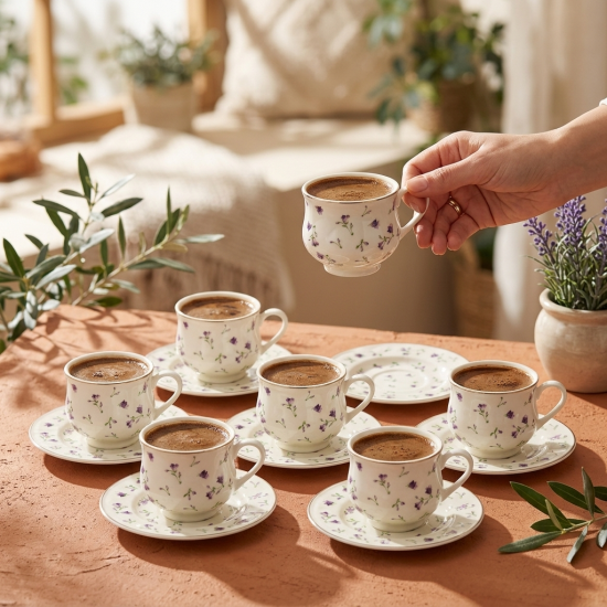 Porcelain Coffee Cup and Saucer Set - 6 Pcs