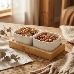 Wood and Porcelain Two-Piece Serving Set