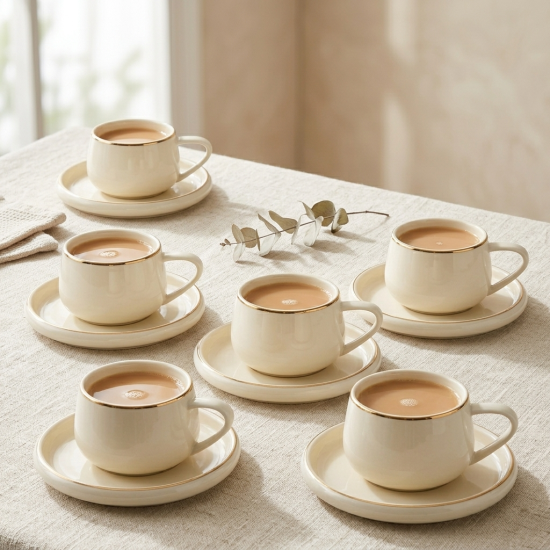 Porcelain Tea Cup and Saucer Set - 6 Pcs