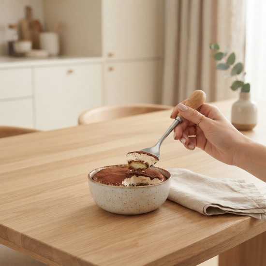 Steel spoon with a wooden handle