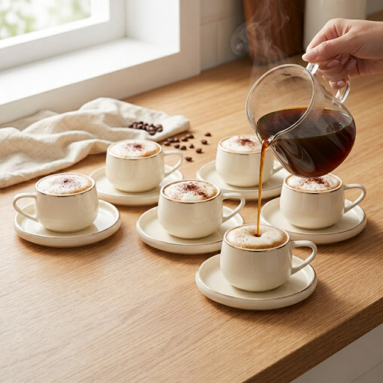 Porcelain Coffee Cup and Saucer Set - 6 Pcs