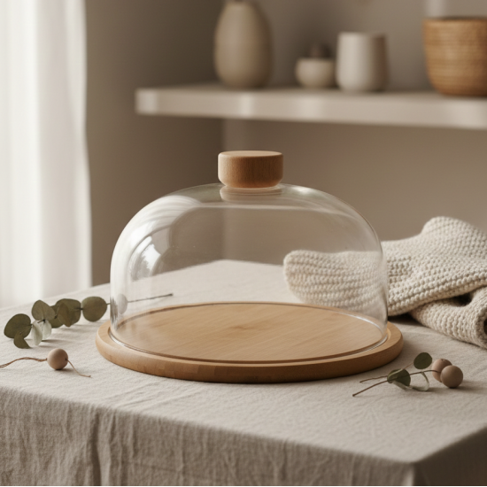 Glass Serving Tray with Wooden Base